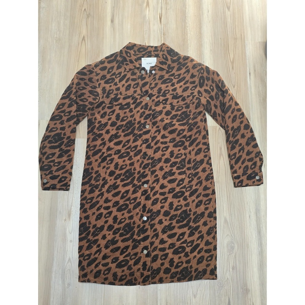 ICHI Anthropologie Leopard Print Long Coat Women's Brown‎ Black With Buttons XS